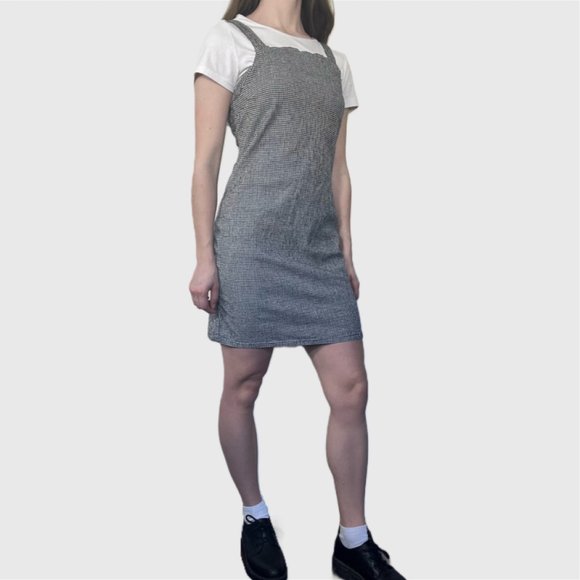Vintage 90s Black Dress, 1990s Black White Checkered Mini Dress - Picture 5 of 8